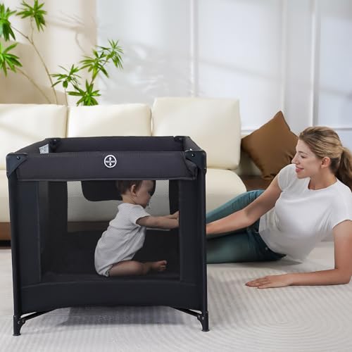 Pamo Babe Compact Pack and Play - Portable Crib for Baby, Lightweight Foldable Travel Playard with Mattress Pad & Carry Bag, Safe Breathable Travel Bed for Home, Trips & Family Visits, Black