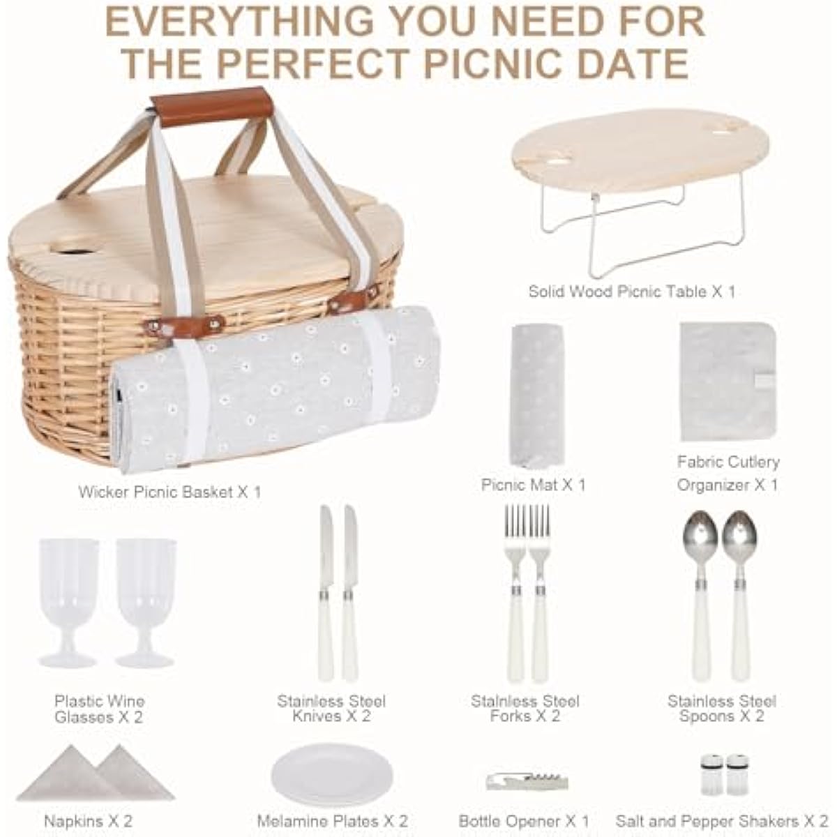 Picnic Basket Set for 2 - Wicker Insulated Picnic Basket with Waterproof Blanket, Folding Wine Picnic Table & Cutlery Kits, Picnic Baskets Kit for Camping, Outdoor, Valentine (White Flower)