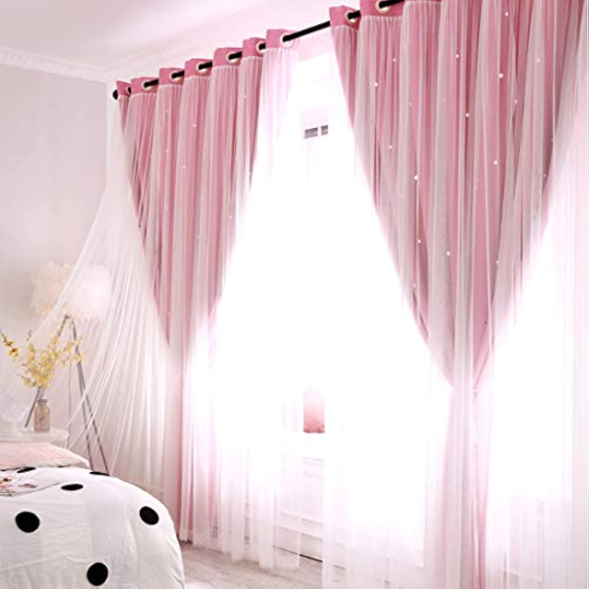 UNISTAR 2 Panels Stars Blackout Curtains for Bedroom Girls Kids Baby Window Decoration Double Layer Star Cut Out Aesthetic Living Room Decor Wall Home Curtain,W52 x L63 Inches,Pink