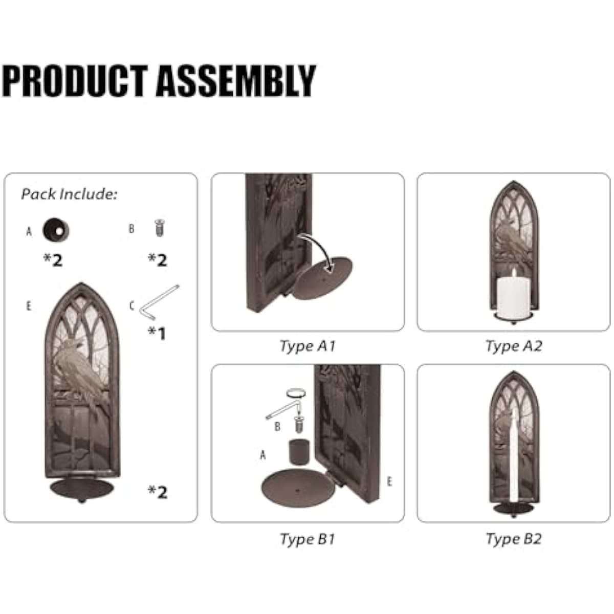 Gothic Wall Candle Sconces Set of 2, Wrought Iron Crow Wall Mounted Candelabra Holder with Removable Trays for Taper & Pillar Candles, Medieval Cathedral Window Design, Dark Academia Decor