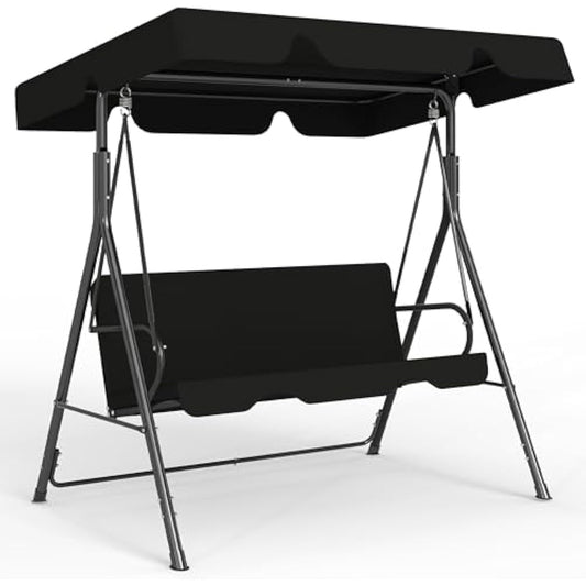 Murago Outdoor Patio Swing Chair with Adjustable Canopy, Outdoor Patio Glider Swing with Heavy Duty Stand for 3 Adult Persons, Ideal for Deck, Lawn, Backyard, or Porch, Black
