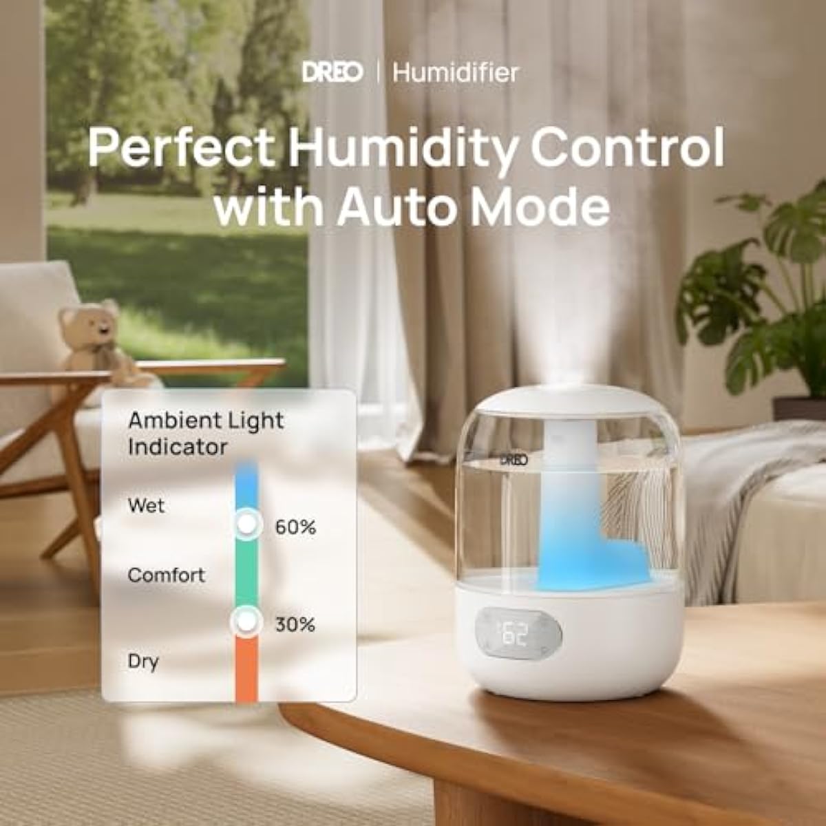 DREO Humidifiers for Bedroom, 3L Top Fill 30H & 26dB Quiet Runtime for Large Room, Cool Mist Ultrasonic Humidifier with Humidity Sensor, Night Light for Home, Baby, Nursery, Plants, New Edition