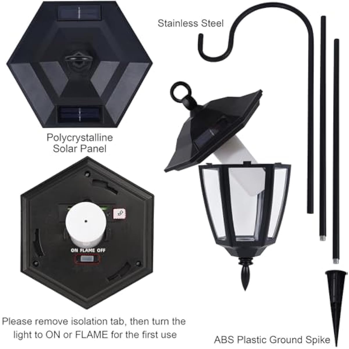 Dynaming 6 Pack Solar Flame Hanging Lights Outdoor, Halloween Solar Flickering Flame LED Garden Lanterns with 6 x 38 Inch Shepherd Hooks, Christmas Lighting for Lawn Patio Yard Pathway Driveway