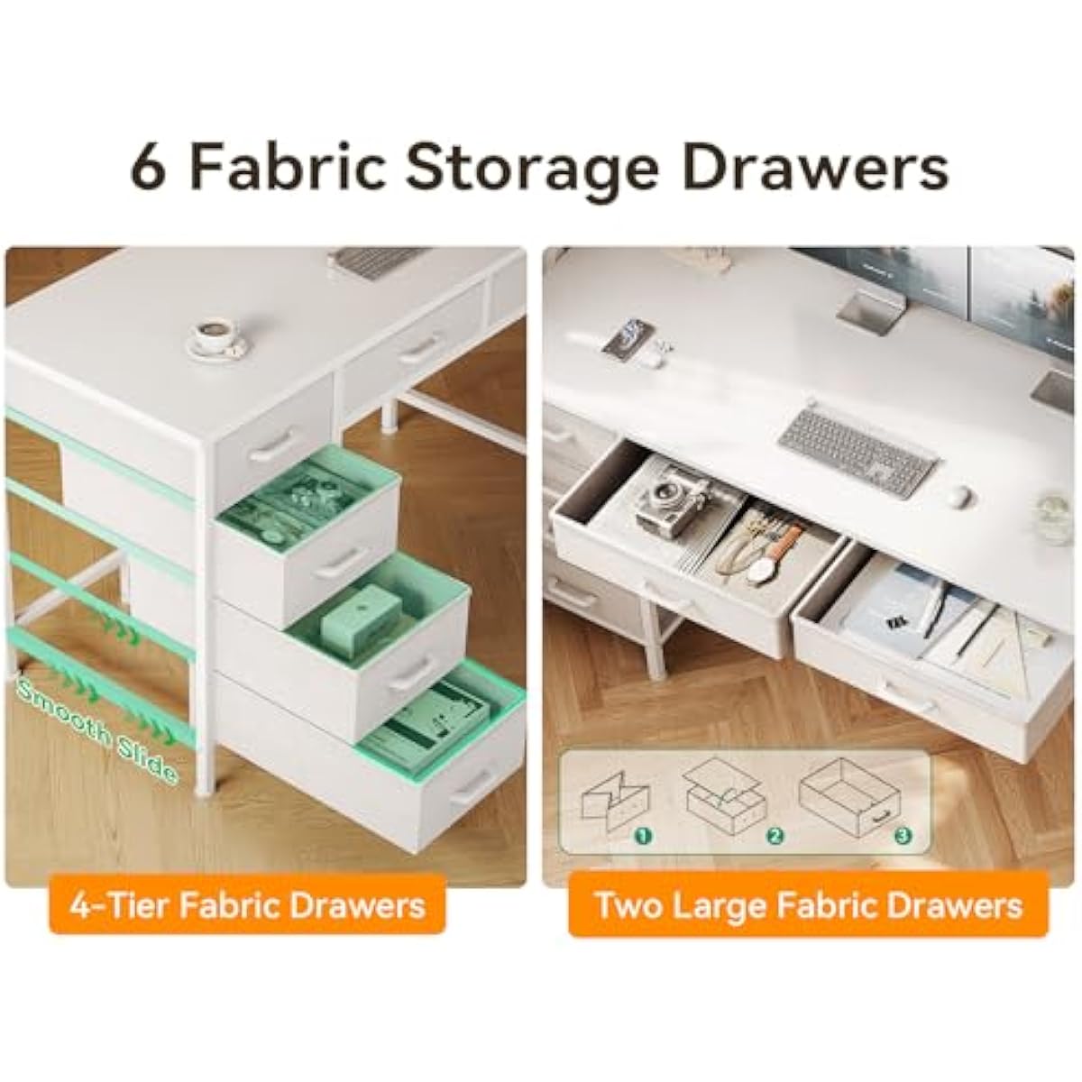 ODK Computer Desk with 6 Drawers, 40 Inch Small Desk with Storage, Reversible Desk with Headphone Hook for Home Office, Work Study Table for Bedroom, White