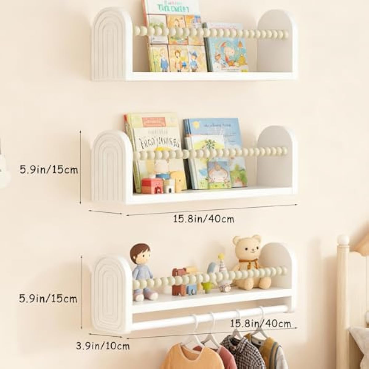 OurWarm Nursery Book Shelves for Wall Set of 3, White Natural Wood Nursery Floating Shelves with Towel Bar, Wall Mounted Floating Bookshelves for Baby Room Kids Room Living Room Storage and Decor