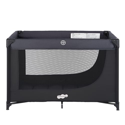 Pamo Babe Compact Pack and Play - Portable Crib for Baby, Lightweight Foldable Travel Playard with Mattress Pad & Carry Bag, Safe Breathable Travel Bed for Home, Trips & Family Visits, Black