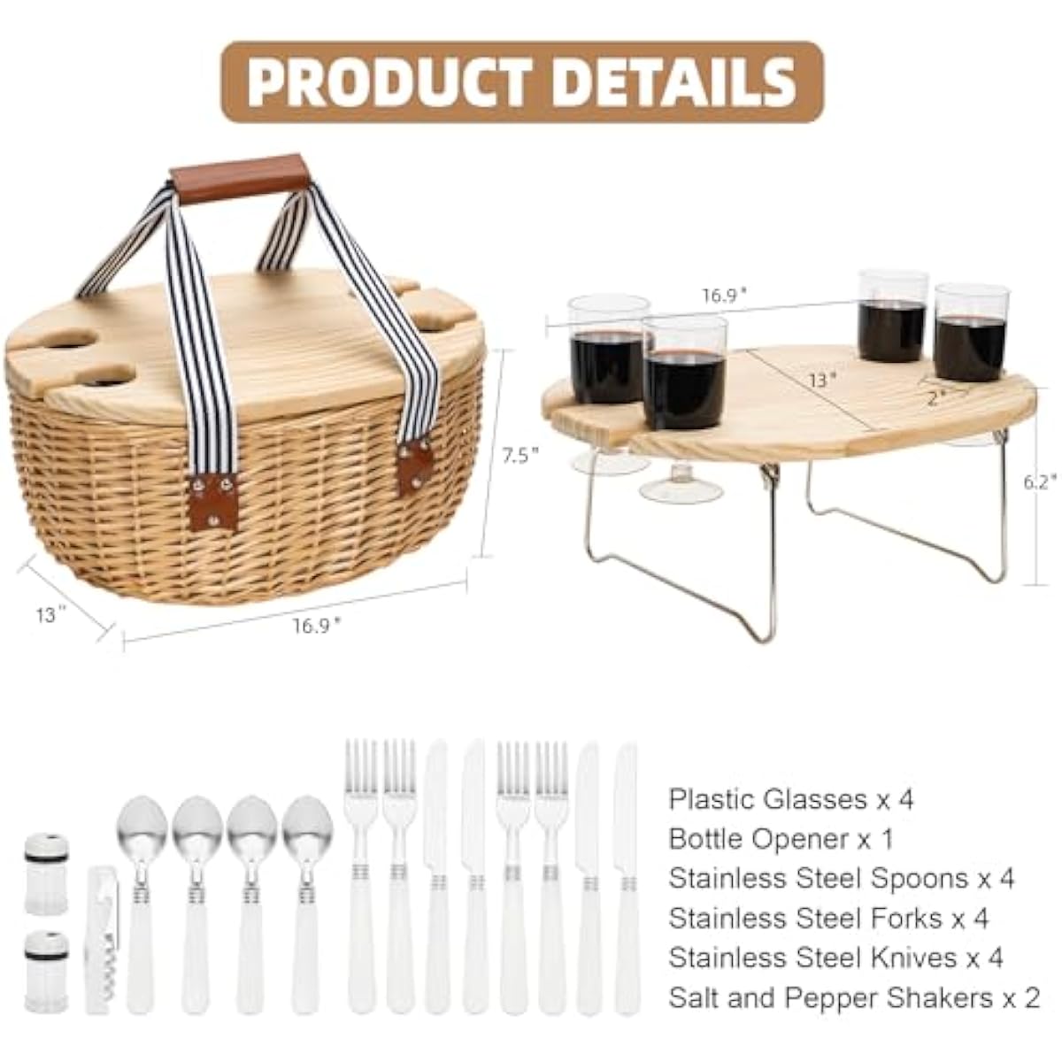 STBoo Picnic Basket for 4, Insulated Wicker Hamper with Folding Table, Willow Picnic Baskets Set with Large Insulated Cooler Bag for Camping Outdoor (Stripe)