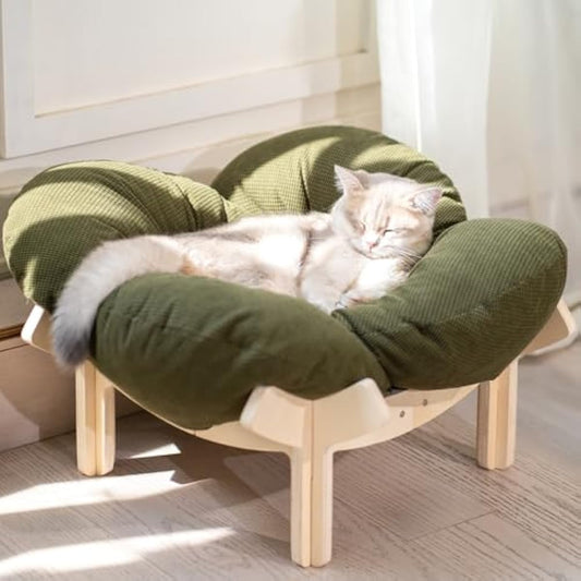 CHEERHOME PETS Elevated Cat Bed Wooden with Cushion Fluffy Pet Couch Sofa for Indoor Cats Raised Kitty Lounge Chair Suitable for Puppy, Cat Furniture(Green)