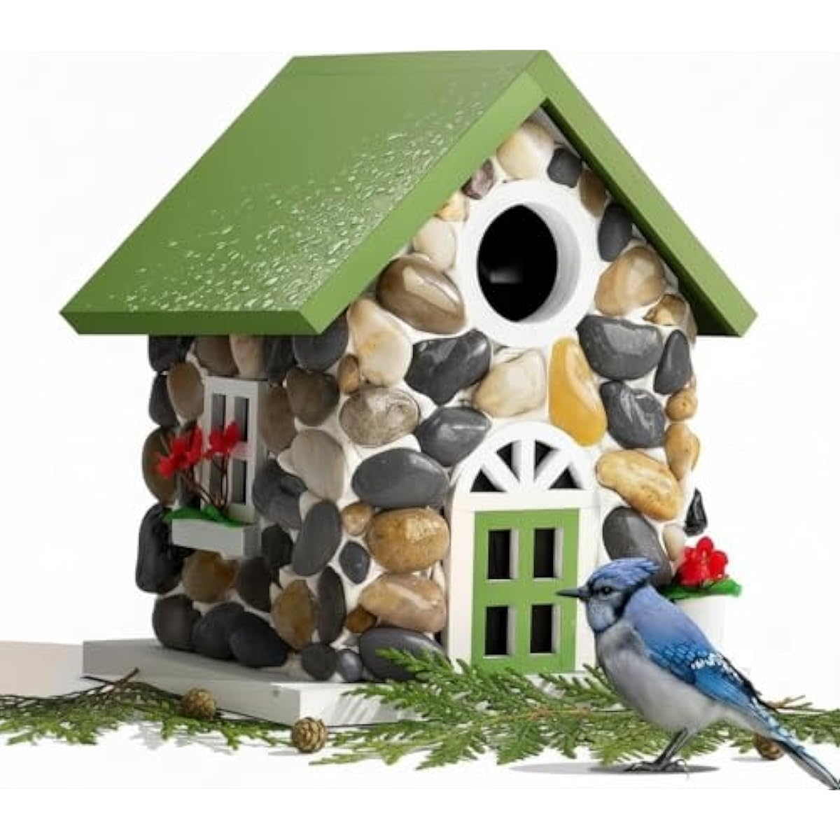 Masterpiece Bluebird House for Outside Clearance,Hanging Bird House for Outdoor, Stone Villa, River Pebbles Birdhouse for Outside, Garden Statue Solid Wood Longtime Lasting, Post Pole Mountable