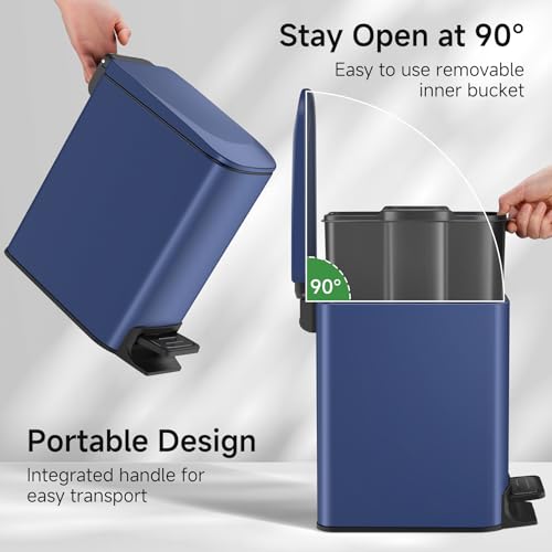TIPGO Slim Bathroom Trash Can with Lid Soft Close, Step Pedal, 6 Liter / 1.6 Gallon Stainless Steel Trash Bin, Small Garbage Can for Bedroom, Office, Kitchen (Navy Blue)