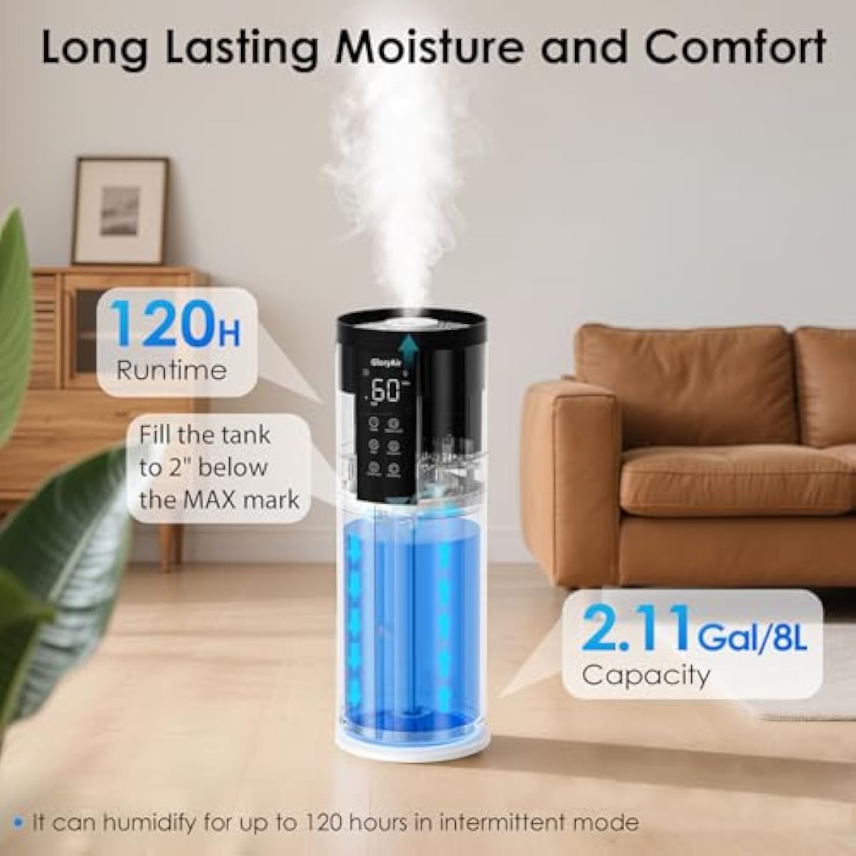 Humidifiers for Large Room 550 ft² - GloryAir 8L Cool Mist Humidifier for Bedroom Home Plants Baby, Top Fill, 120H Runtime, 4 Mist Spray Levels, 7-Color Light, 35dB Quiet Humidifier