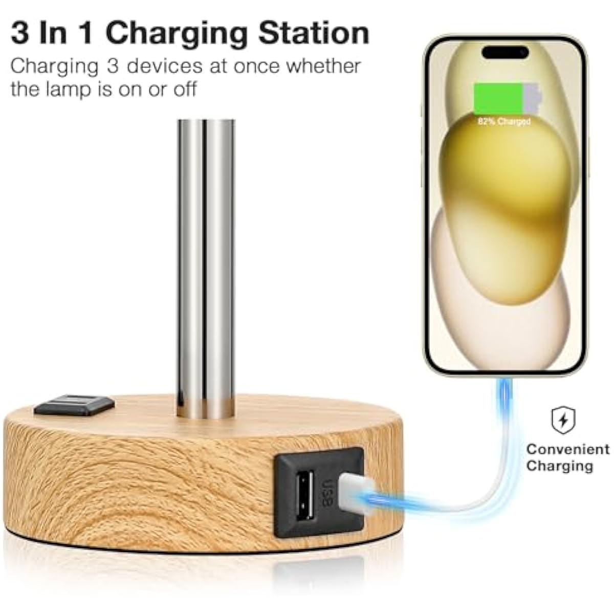 Fenmzee Bedside Table Lamp for Bedroom - 3 Way Dimmable Touch Lamp USB C Charging Ports and AC Outlet, Small Lamp Wood Base Round Flaxen Fabric Shade for Living Room, Desk, LED Bulb Included