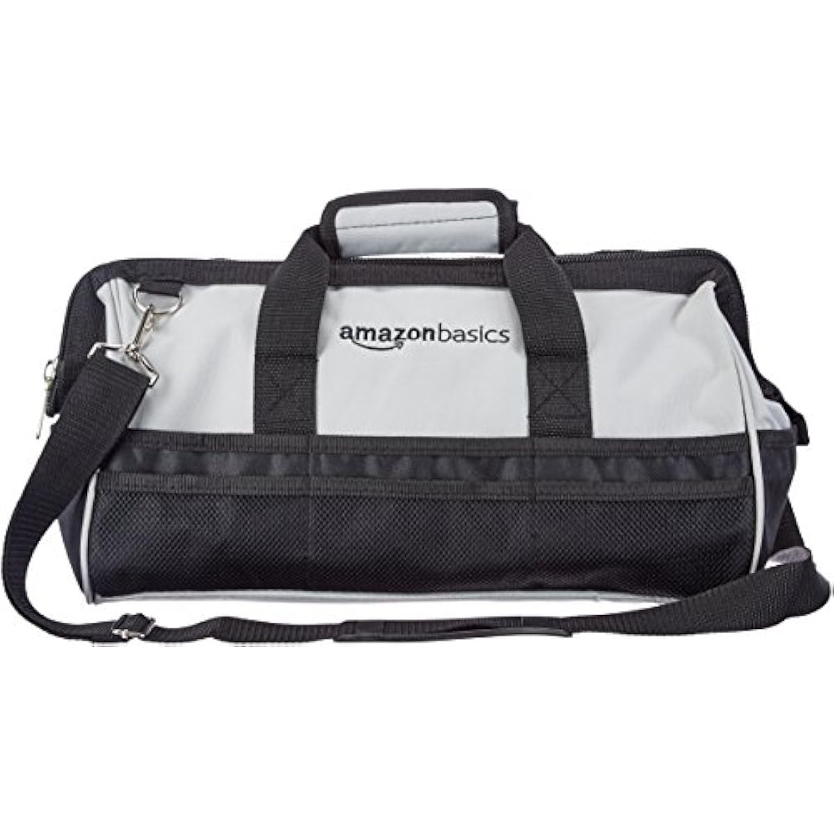 Amazon Basics Durable Wear-Resistant Tool Storage Bag with Adjustable Shoulder Strap, Portable Tool Organizer, 16 in, Black & Grey
