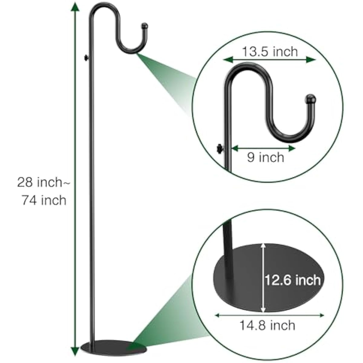74" Shepherds Hook Stand for Plant: Hanging Bird Feeders, Plants, Lanterns, Wreath and Wind Chimes, Adjustable Free Standing Pole Holder with Heavy Duty Base for Indoor & Outdoor, Holds Up to 20 LBS