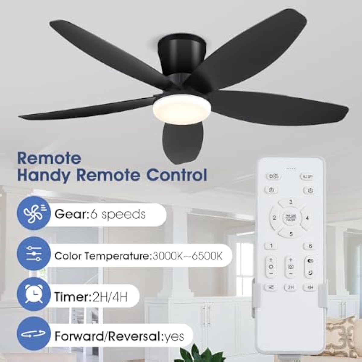 42" Ceiling Fans with Lights-Low Profile Ceiling Fan with Light and Remote/APP Control,Flush Mount,DC Reversible,LED Dimmable Blakc Ceiling Fans for Bedroom,Indoor/Outdoor Patio Use