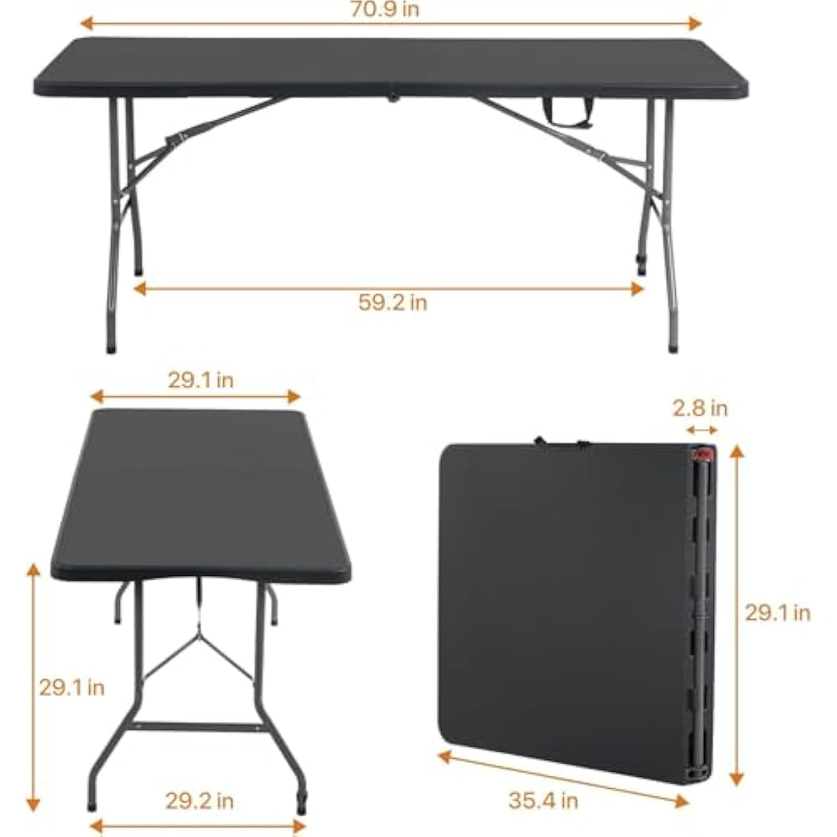 6ft Folding Table - Heavy Duty Portable 6 Foot Plastic Table with Fold-in-Half Design & Carry Handle, Indoor Outdoor Utility Table for Dining, Camping, Parties, Picnics, Tailgating (6FT, Black) ﻿