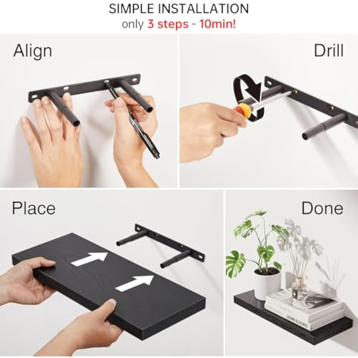 BAYKA Floating Shelves for Wall, Wall Mounted Rustic Wood Shelves for Bathroom, Bedroom, Living Room, Kitchen, Hanging Shelf for Books/Storage/Room Decor with 22lbs Capacity (Black, Set of 3, 15.7in)
