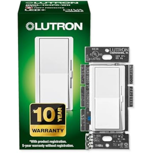 Lutron Diva LED+ Dimmer Light Switch for Dimmable LED, Halogen, and Incandescent Bulbs, 150 Watt, Single-Pole or 3-Way, DVCL-153P-WH, White