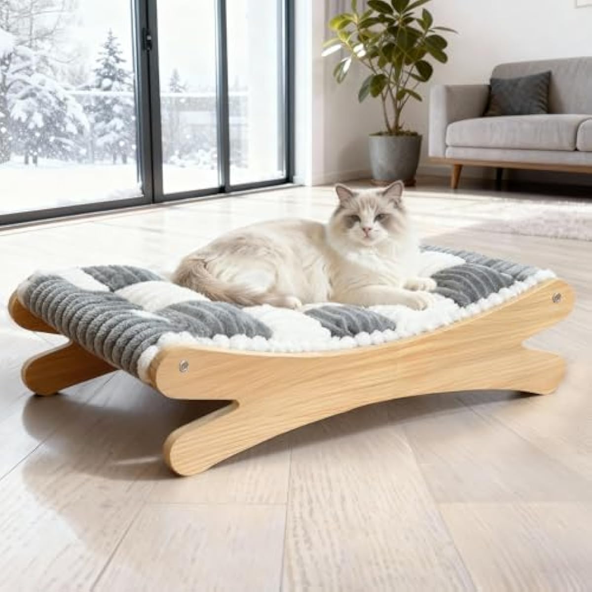 Plush Elevated Cat Bed - Cozy Raised Cat Hammock with Solid Wood Frame, Soft Furry Cushion for Indoor Cats & Small Dogs, Multi-Color Options(Black White)