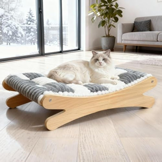 Plush Elevated Cat Bed - Cozy Raised Cat Hammock with Solid Wood Frame, Soft Furry Cushion for Indoor Cats & Small Dogs, Multi-Color Options(Black White)
