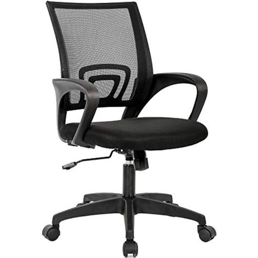 BestOffice | Ergonomic Office Chair | Mid-Back Swivel Desk Chair | Breathable Backrest & Lumbar Support | Adjustable Height | Sponge Seat | Rolling Wheels | Black | for Adults & Women