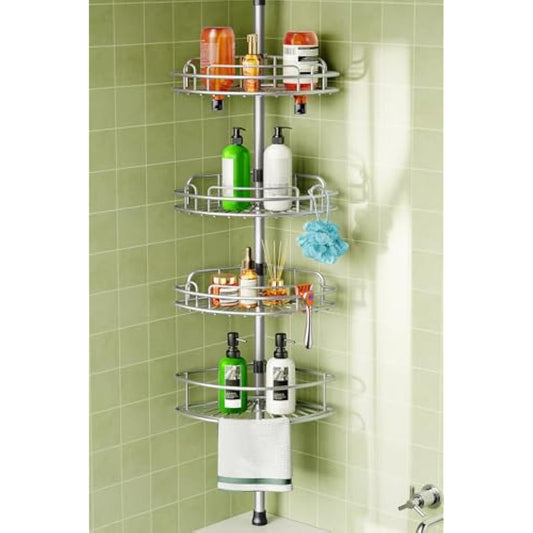 HAMITOR Corner Shower Caddy Tension Pole: 4-Tier Rust-Resistant Adjustable Bathroom Organizer Shelves - 47-121 Inch No-Drill Quick Installation - Space-Saving Storage for Renters Family - Silver Gray