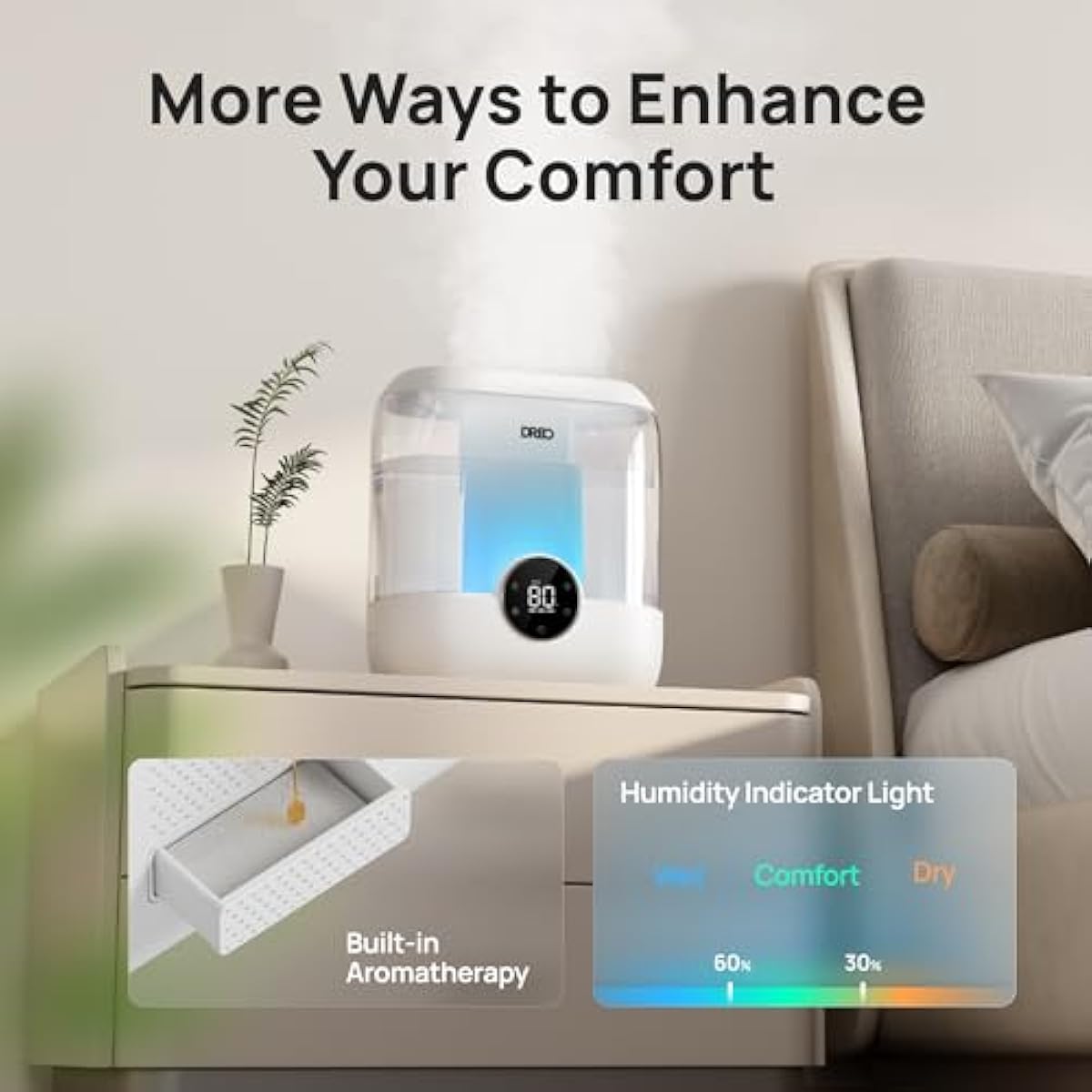 DREO Humidifiers for Bedroom, 6L Easy to Fill & Clean, 60H Runtime for Large room, 28 dB Quiet Cool Mist Air Humidifier for Plant, Baby Nursery, Home, Indoor, Night Light, Precise Humidity Control