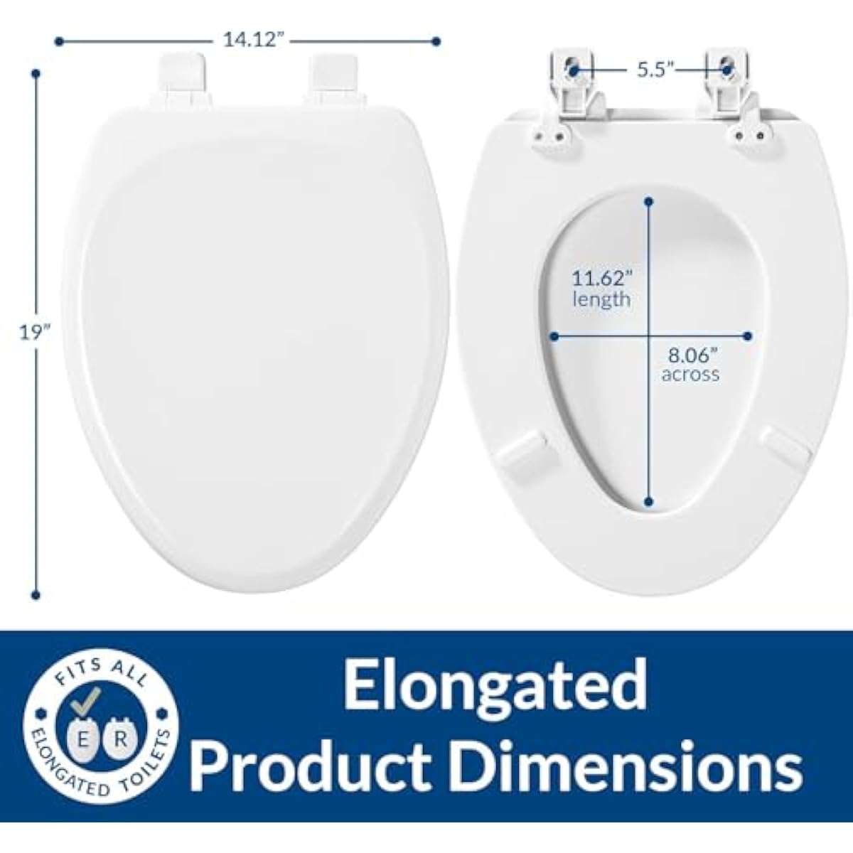 Mayfair Linden Slow Close Toilet Seat, Non Slip Heavy Duty Wood, Easy Install, Elongated, White