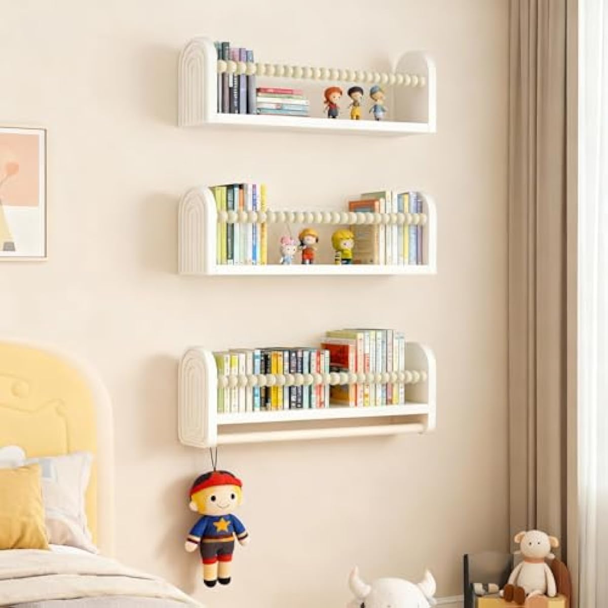 OurWarm Nursery Book Shelves for Wall Set of 3, White Natural Wood Nursery Floating Shelves with Towel Bar, Wall Mounted Floating Bookshelves for Baby Room Kids Room Living Room Storage and Decor