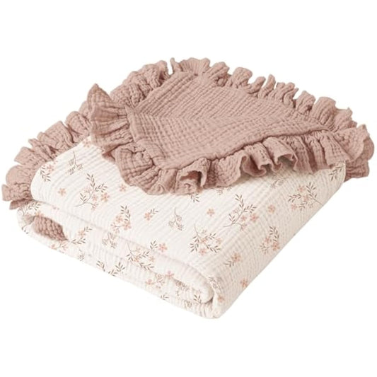 Konssy Flounce Muslin Baby Blanket for Girls Boys, 100% Cotton Soft Crib Swaddle Blankets, Reversible & Breathable Nursery Bedding for Newborns Toddlers, 40 x 36 Inches (Petal Dream)