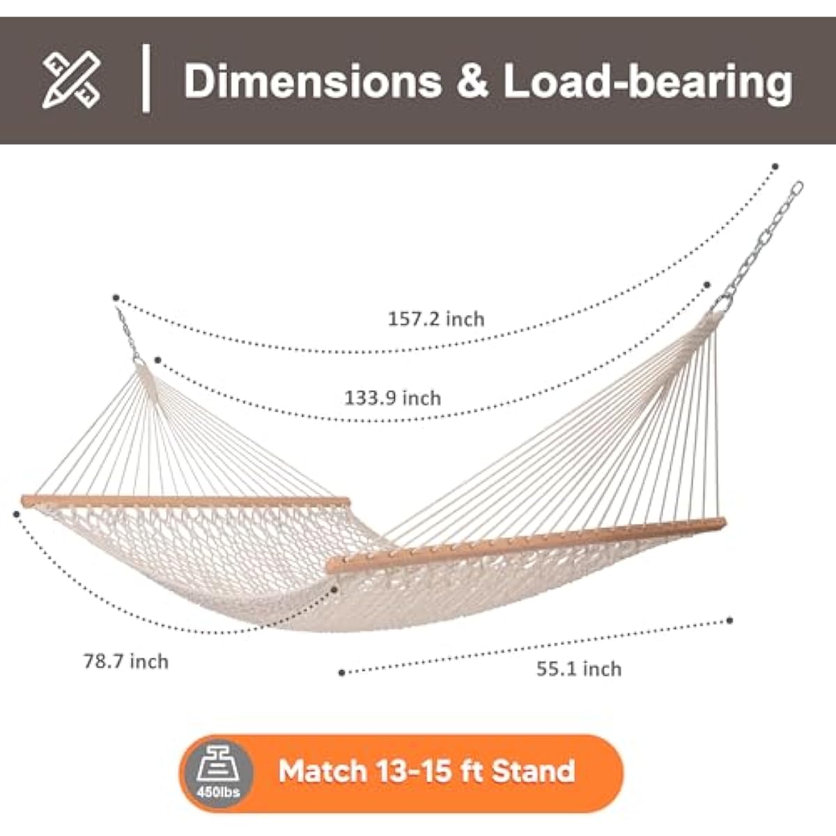 SUNCREAT Hammocks Traditional Rope Double Hammock with Hardwood Spreader Bar and Carrying Bag, 450 lbs Capacity, Natural