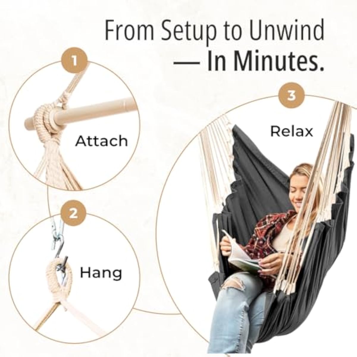 Hanging Hammock Chair Swing – Hanging Chair Outdoor & Indoor - Hammock Swing Chair – Quick & Easy Setup with Hardware Kit – Durable & Spacious Full Body Support – Holds 440 Lbs