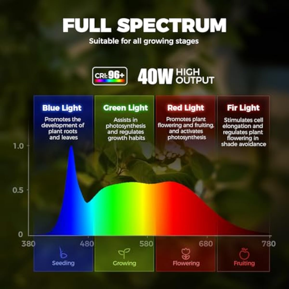 Barrina TR40a Track Grow Light for Indoor Plants, 40W Wall-Mounted Grow Bulbs with Adjustable Beam Angle (15°-60°), 5000K Full Spectrum Plant Spotlight with Timer & 16.4' Power Cord, 1-Pack