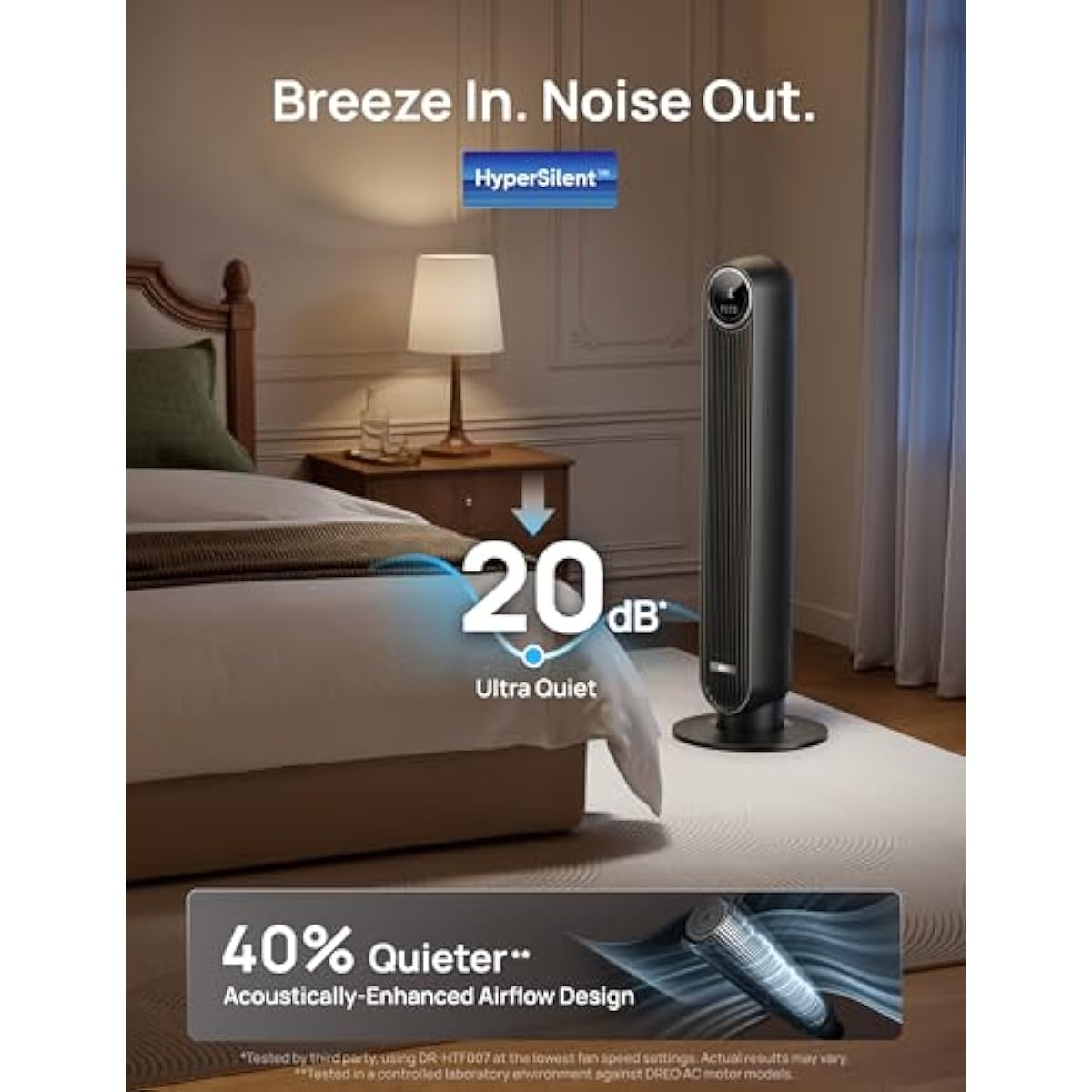 DREO Tower Fan for Bedroom, 2026 Upgraded DC Motor, 28ft/s High Velocity, 20dB Ultra Quiet Standing Fan, 8 Speeds 4 Modes, 90° Oscillating Bladeless Fan for Indoors, Floor Fans with Remote, Black
