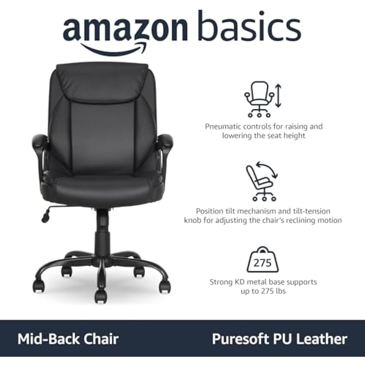 Amazon Basics Classic Puresoft PU Padded Mid-Back Office Desk Chair with Armrest, Easy Assembly, Sturdy Metal Base, Wheels, 275lb Support, 26"D x 23.75"W x 42"H, Black