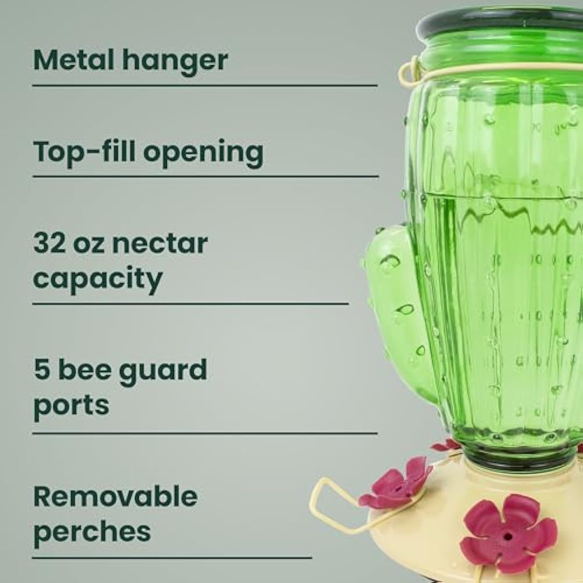 Perky-Pet Cactus Top Fill Glass Hummingbird Feeder with Built-in Bee Guards & Removable Perches - 32 oz Nectar Capacity - Hummingbird Feeder for Outdoors - 9111-1SR