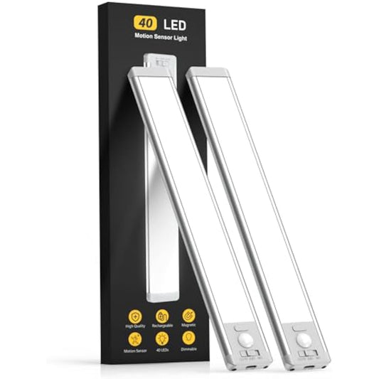 10inch Under Cabinet Lighting, 2 Pack Rechargeable Motion Sensor Light Indoor, 5 Levels Dimmable Magnetic Closet Lights, Wireless Under Counter Lights for Kitchen, Stairs