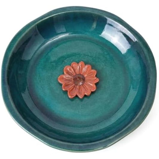 Topadorn Birdbath Ceramic Bowl Decor for Bee Bird Bath Outdoor Garden Vintage Yard,Blue with Red Flower
