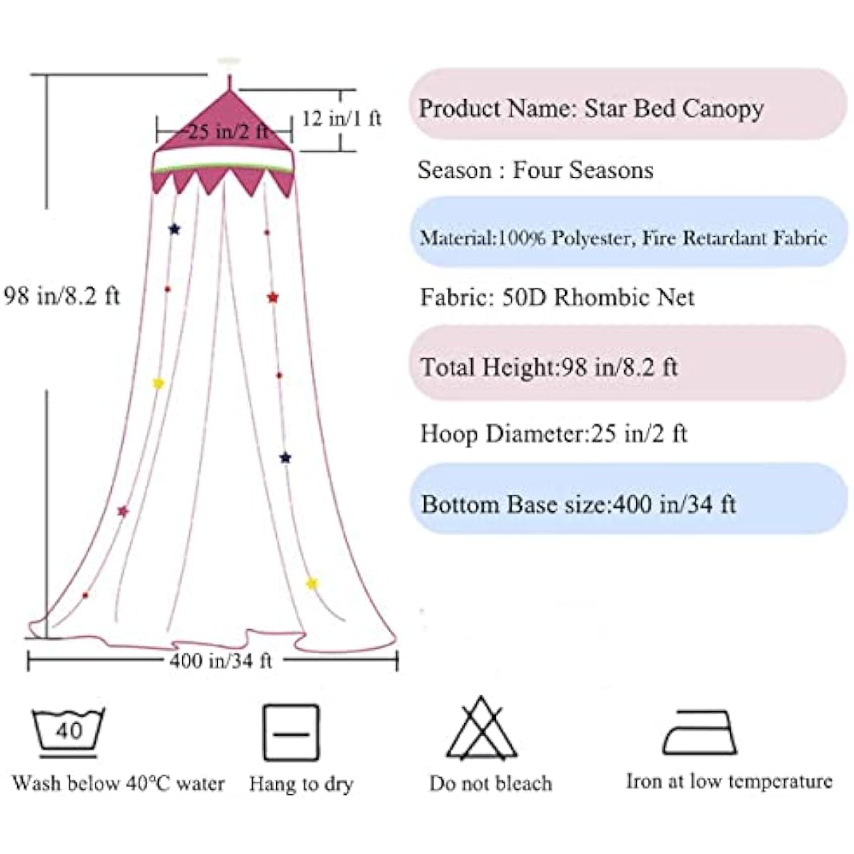 Bed Canopy with Lights for Girls,Gold Star Princess Crib Canopy Curtains,Extra Large Dome Mosquito Net Reading Nook Canopy for Kids Boys Twin Full Queen Size Bed,Fire Retardant Fabric