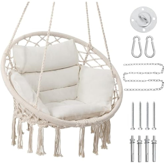 KROFEM Macrame Hammock Hanging Swinging Chair with Medium Cushion, Perfect for Bedroom, Porch, Adults, Balcony, Beige