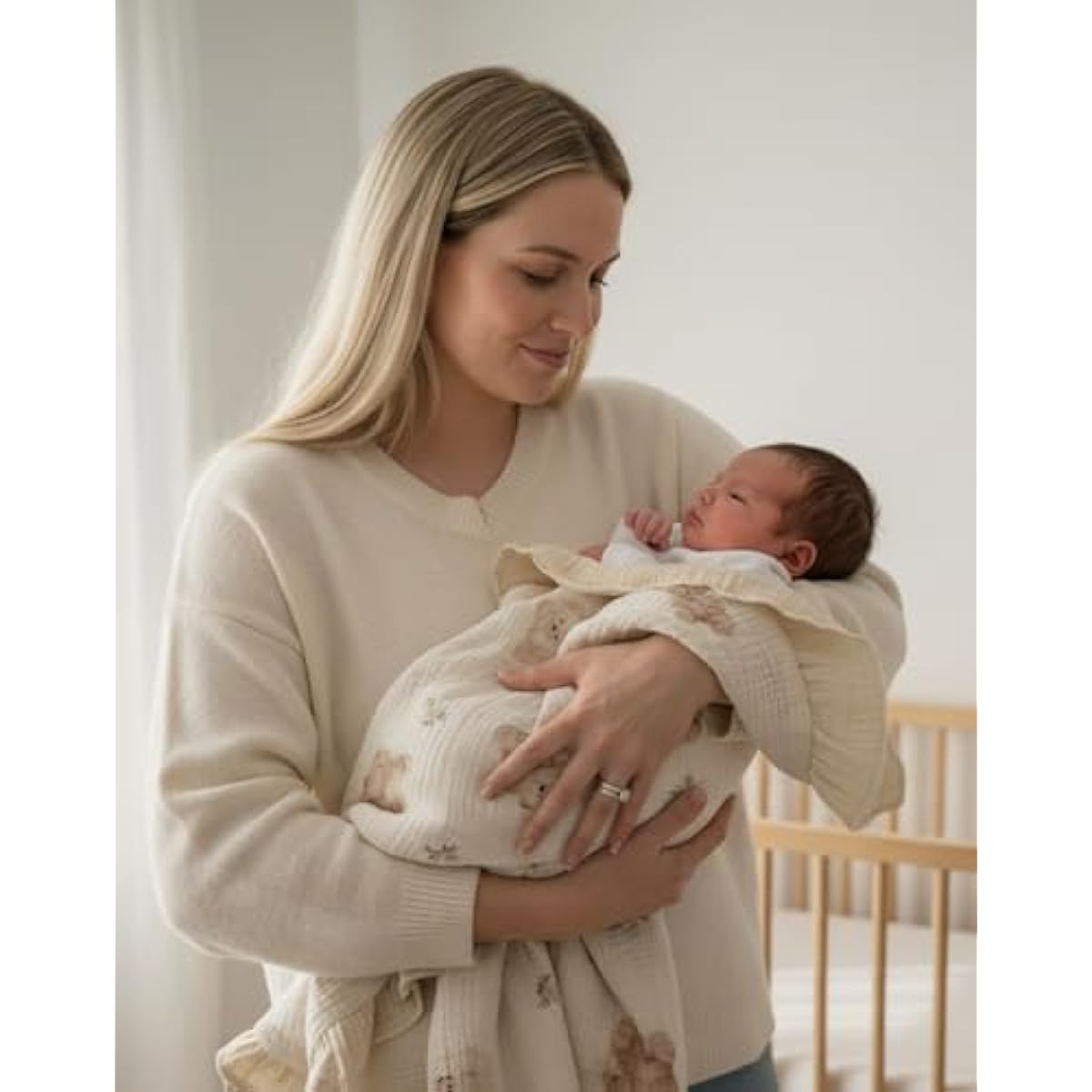 Muslin Ruffled Baby Blanket, Extra Large 52 x 52 Inches, Soft Breathable Cotton Crib Blanket for Newborn Infant Toddler (Hoppy Dreams-Ruffled, Printed)