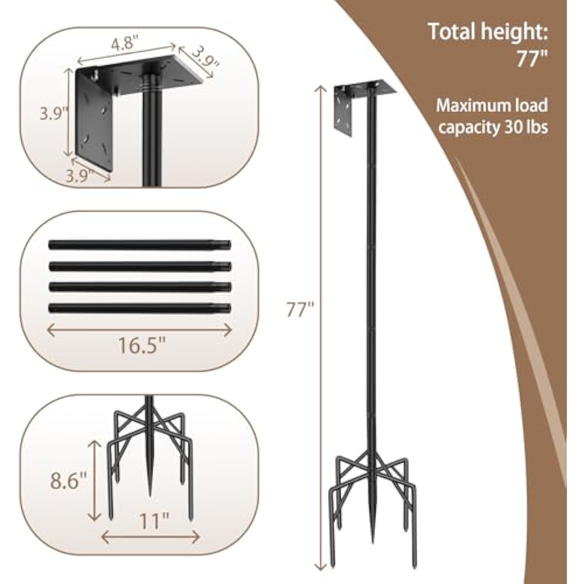 77 Inch Heavy Duty Smart Bird Feeder Pole for Outdoors with 5-Prong Base and 2 Plates, Rust-Proof Metal Wild Bird Feeder Stand/Post, Adjustable Birdhouse Pole, Weather Station Mounting Kit