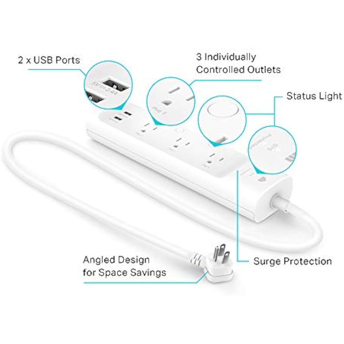kasa smart Plug Power Strip KP303, Surge Protector with 3 Individually Controlled Smart Outlets and 2 USB Ports, Works with Alexa & Google Home, No Hub Required , White