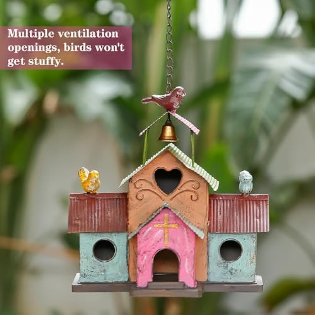 Large Bird Houses for Outside Hanging, 4 Hole Outdoor Bird House with Bell, Easy Clear, Colorful Metal Bird Houses for Outside.