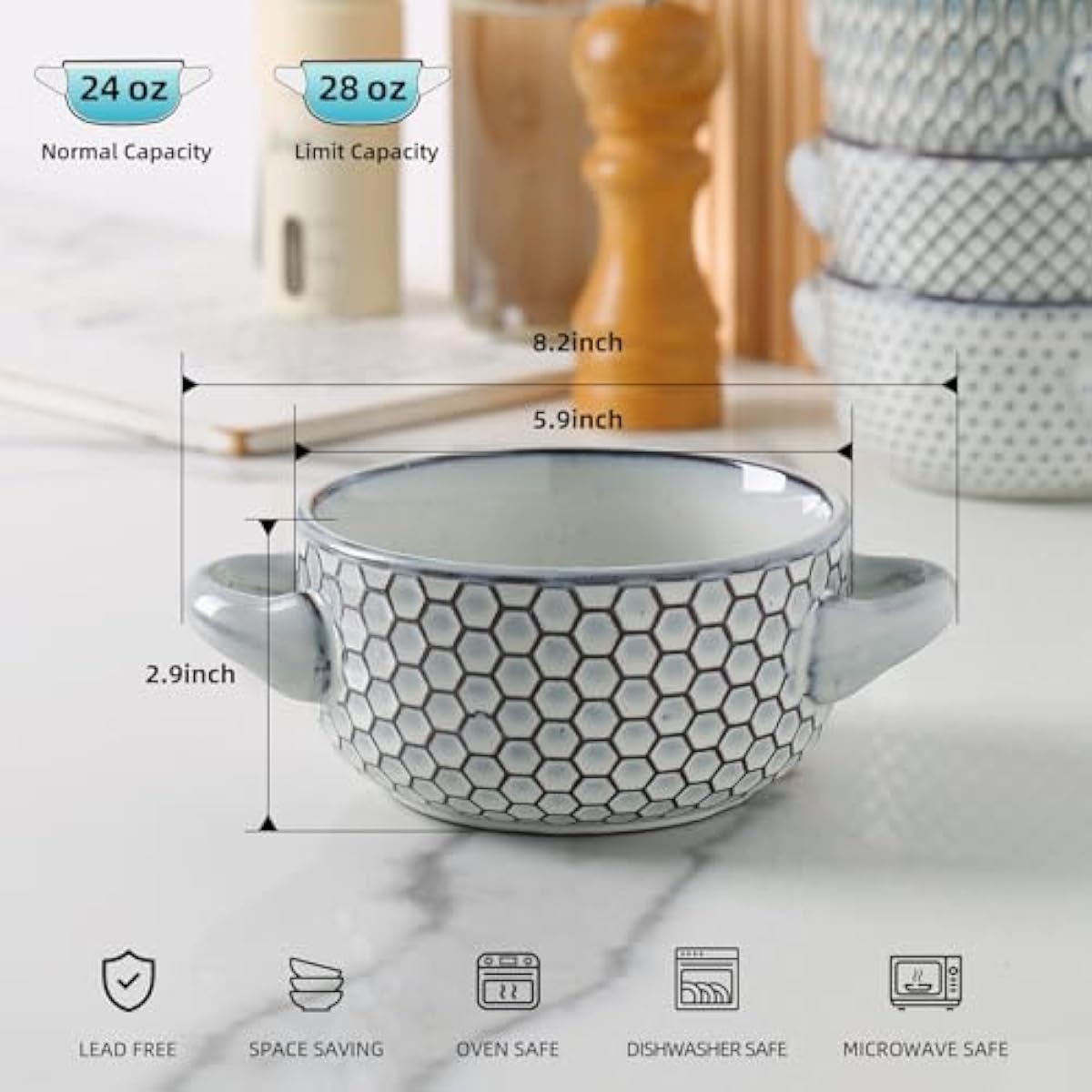 MONITO 28 Ounce French Onion Soup Bowls, 4PCS Reactive Glaze Ceramic Bowls with Handles, Stackable Soup Crocks, Oven/Microwave/Dishwasher Safe, for Cereal, Pasta, Chilli, Beef Stew, White-blue