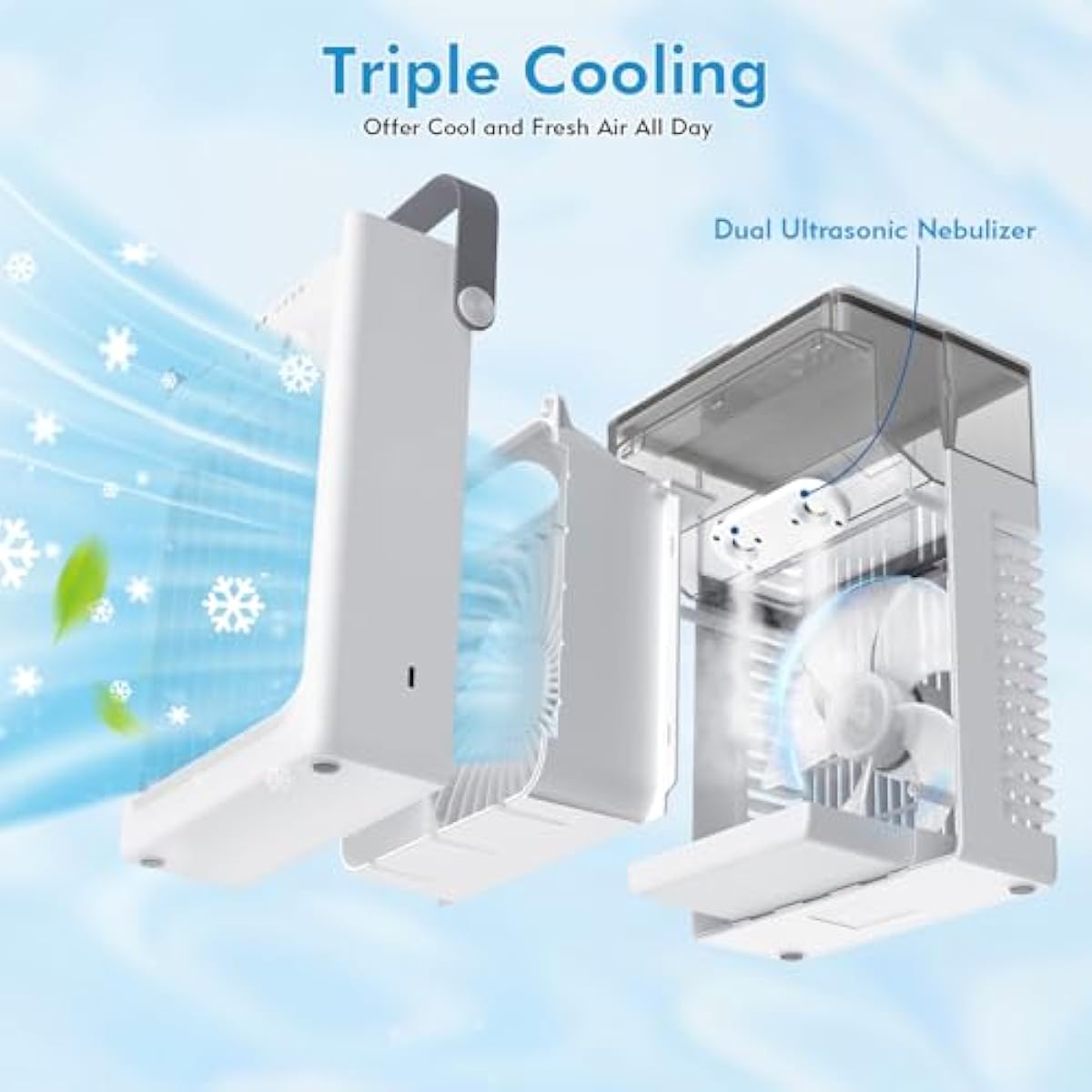 Portable Air Conditioners, 4-Speed Mini Air Conditioner, 3-in-1 Personal Cooling Fan, Small AC Unit With 1000ml Water Tank, 2/4/6H Timer, USB Powered (5V 2A Adapter Included) for Bedroom Office Desk