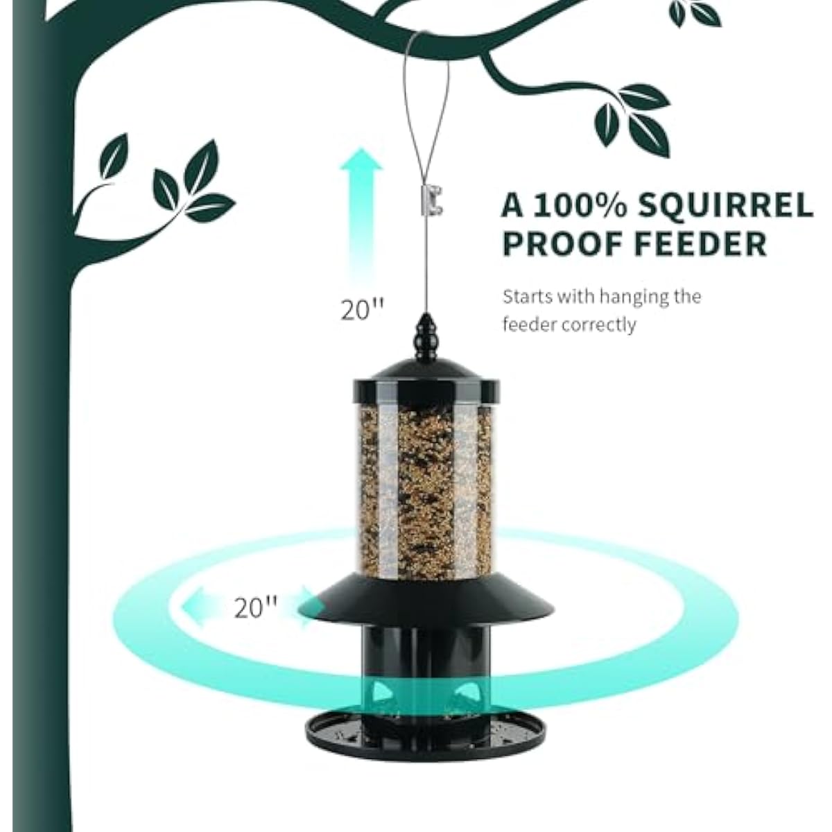 Squirrel Proof Bird Feeder - 360° Feeding Perch Tray for Outdoor Hanging Wild Bird Seeds, Dark Green.