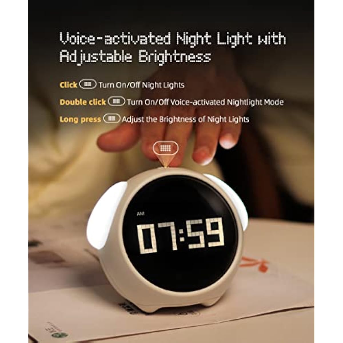Kids Alarm Clock, Dual Alarm Setting, Adjustable Brightness Night Light, Voice-Activated,Temperature Detection, Wake-up Alarm Clock, Toy and Gift for Toddler, Children, Students, Boys&Girls