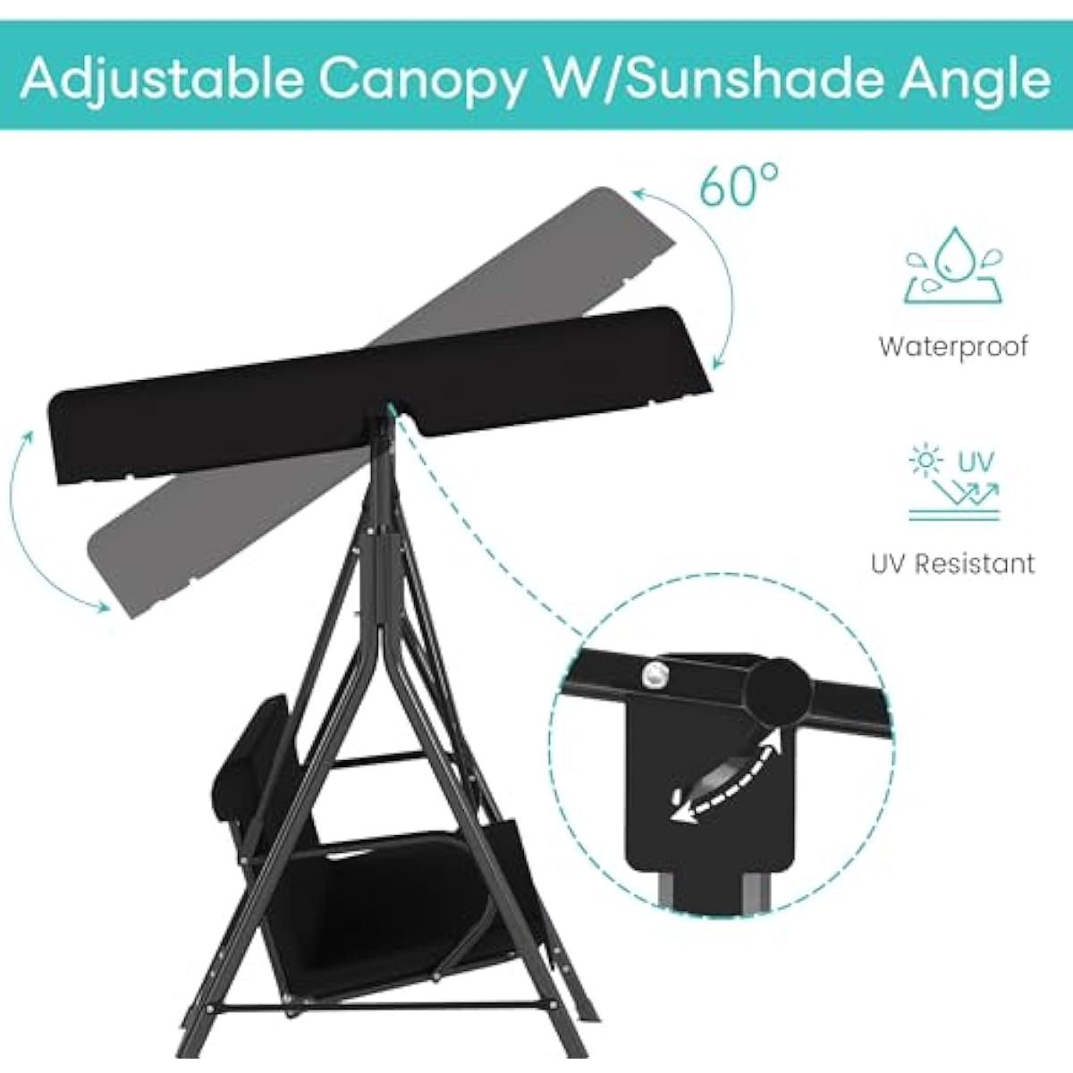 Murago Outdoor Patio Swing Chair with Adjustable Canopy, Outdoor Patio Glider Swing with Heavy Duty Stand for 3 Adult Persons, Ideal for Deck, Lawn, Backyard, or Porch, Black