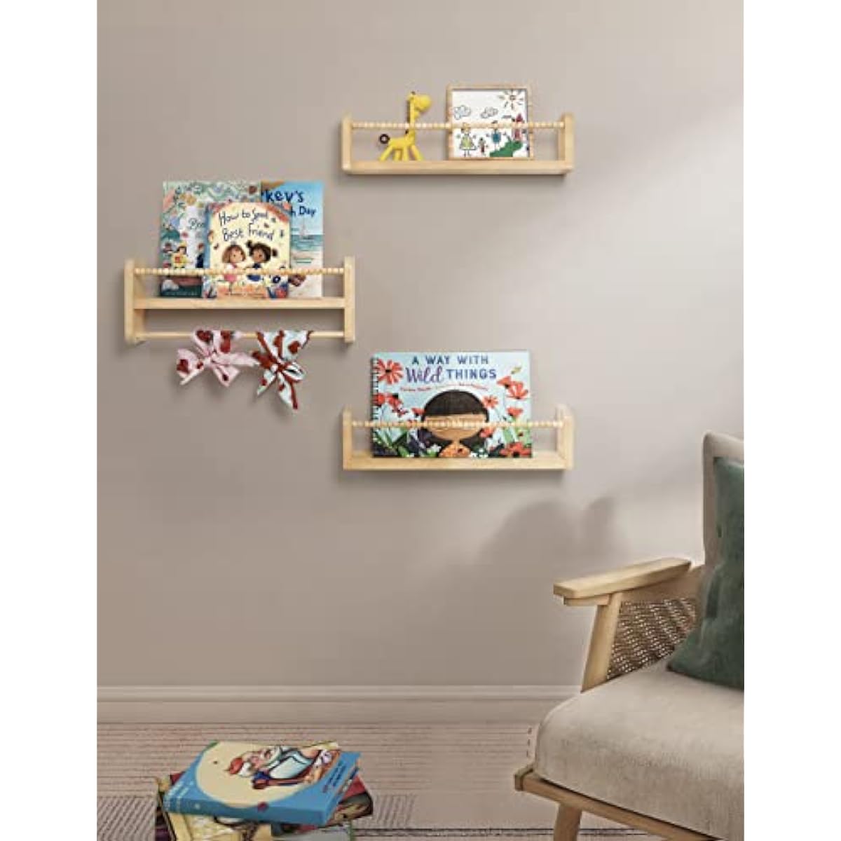 Nursery Floating Shelves for Wall, Set of 3 Book Shelves Natural Wood Wall Mounted Organizer with Towel Bar Hanging Bookshelves Nursery Decor for Kids Room, Bedroom and Kitchen
